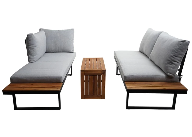 Salon de jardin canapé pour extérieur avec table et étagères latérales structure aluminium bois et coussins gris clair 04_0008315