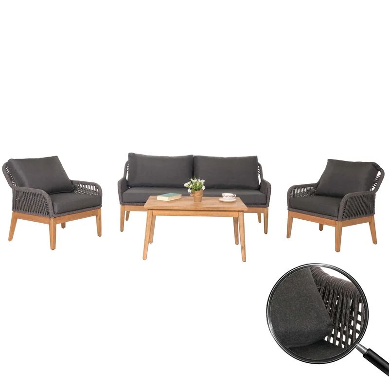 Salon de jardin avec table canapé fauteuil table corde maille bois acacia coussin gris foncé 04_0008308