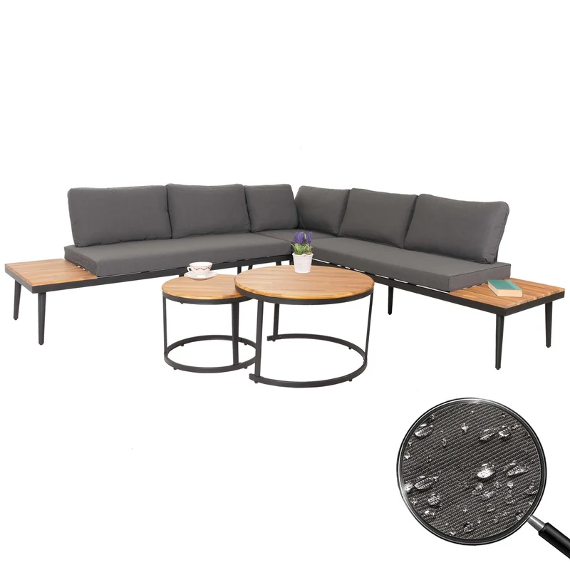 Salon de jardin avec deux tables d'appoint bois d'acacia acier coussins marron gris foncé 04_0008303