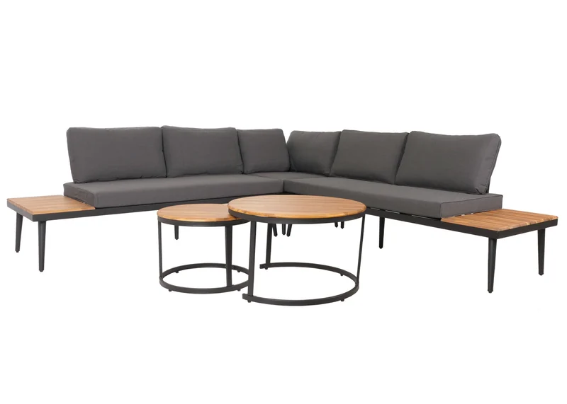 Salon de jardin avec deux tables d'appoint bois d'acacia acier coussins marron gris foncé 04_0008303