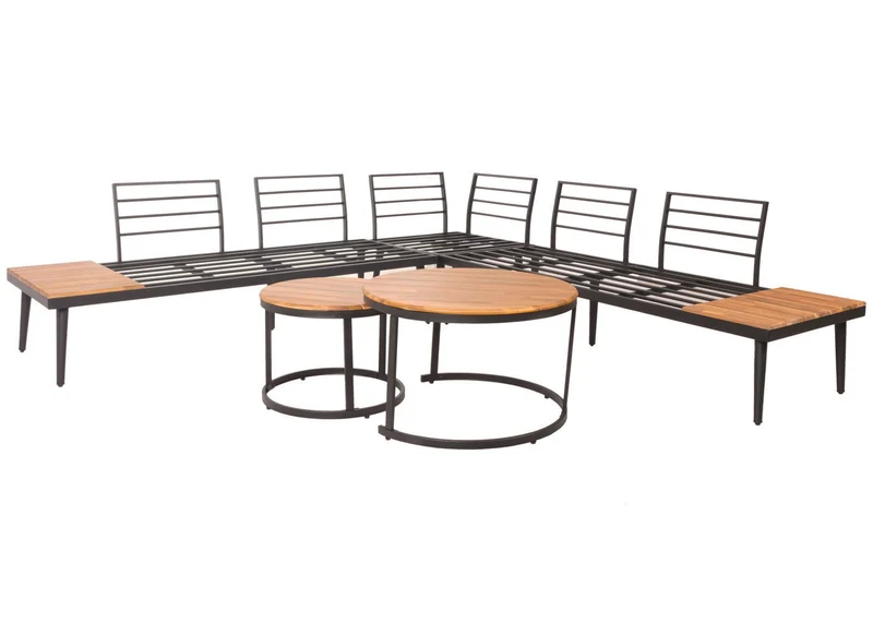 Salon de jardin avec deux tables d'appoint bois d'acacia acier coussins marron gris foncé 04_0008303