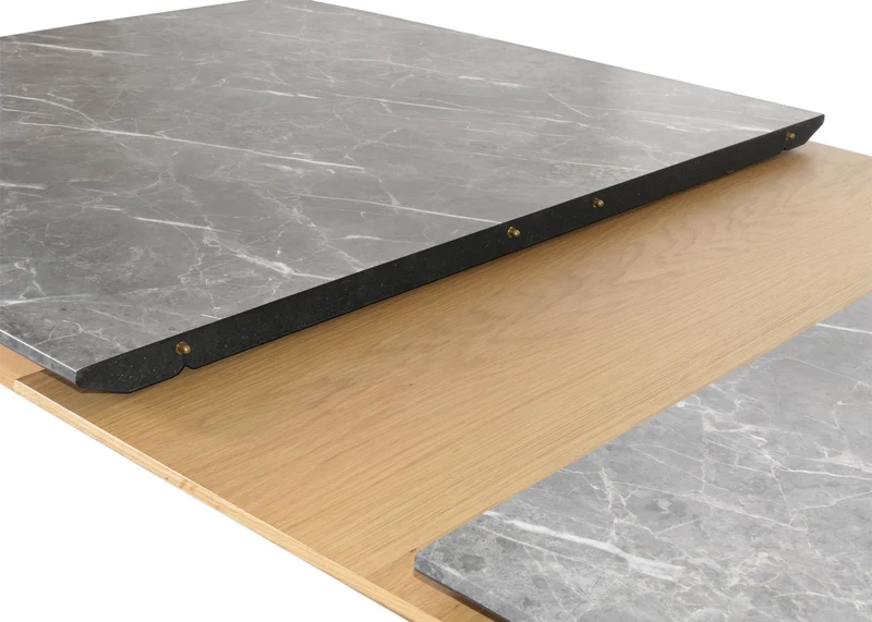 Table de salle à manger en bois et HPL 160-200 x 90 cm extensible aspect marbre/pierre pieds clairs 04_0008548