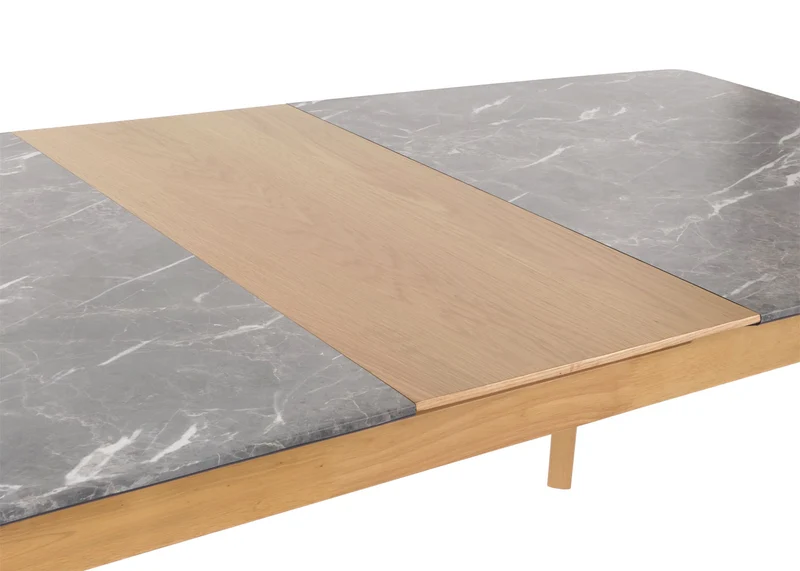 Table de salle à manger en bois et HPL 160-200 x 90 cm extensible aspect marbre/pierre pieds clairs 04_0008548