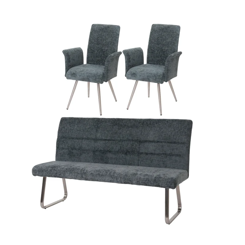 Lot de 2 chaises de salle à manger avec accoudoirs + banc 180 cm inox brossé tissu chenille marron 04_0008285