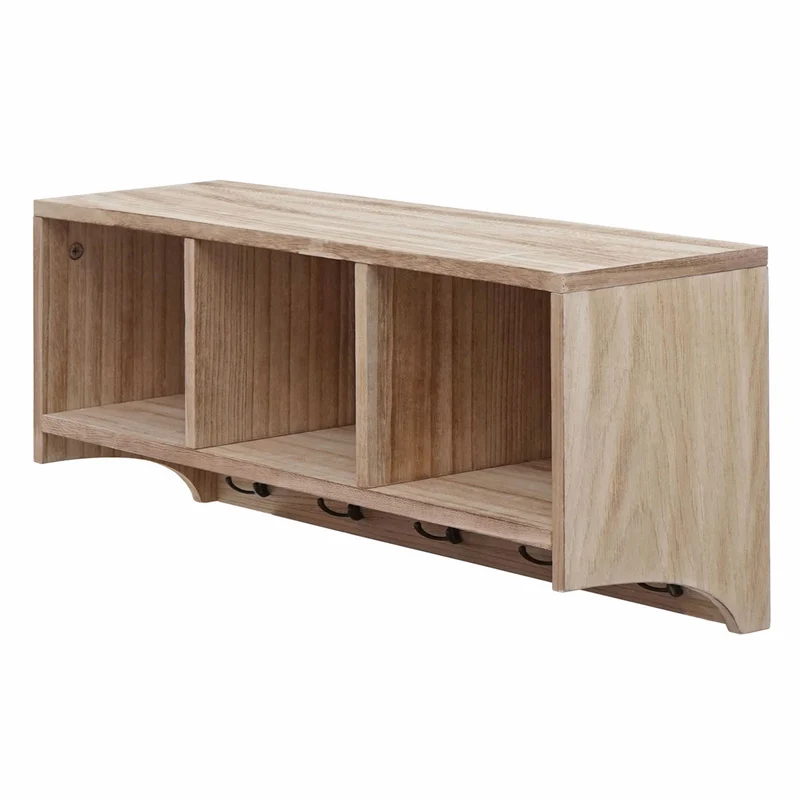 Étagère murale porte-manteau mural 3 compartiments et 5 crochets 30x80x20 cm bois marron 04_0008655