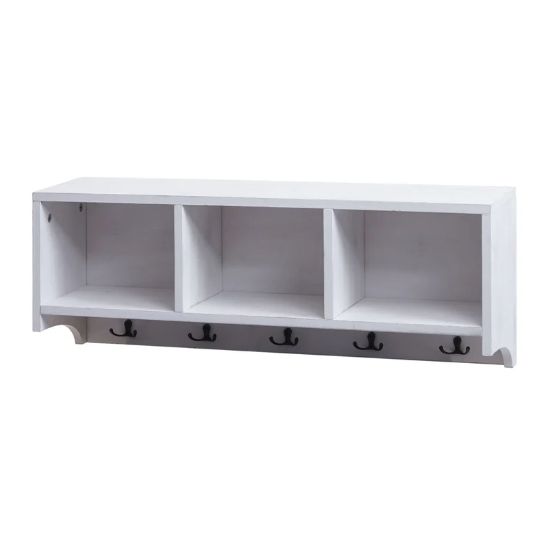 Étagère murale porte-manteau mural 3 compartiments et 5 crochets 30x80x20 cm en bois blanc vieilli 04_0008654