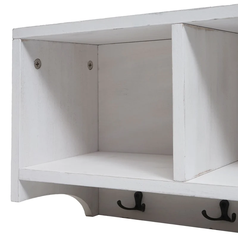 Étagère murale porte-manteau mural 3 compartiments et 5 crochets 30x80x20 cm en bois blanc vieilli 04_0008654