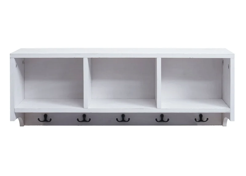 Étagère murale porte-manteau mural 3 compartiments et 5 crochets 30x80x20 cm en bois blanc vieilli 04_0008654