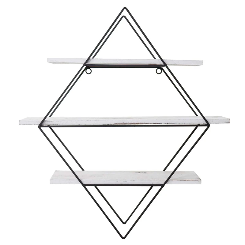 Étagère murale suspendue design industriel forme losange en bois blanc vieilli 60 x 55 x 12 cm 04_0008650