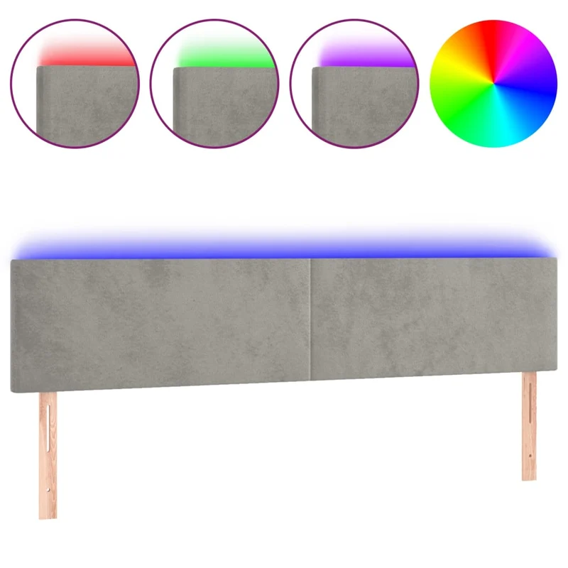 Tête de lit accessoire couchage chambre à coucher meuble à LED 200 x 5 x 78/88 cm tissu velours gris clair TDL0201311