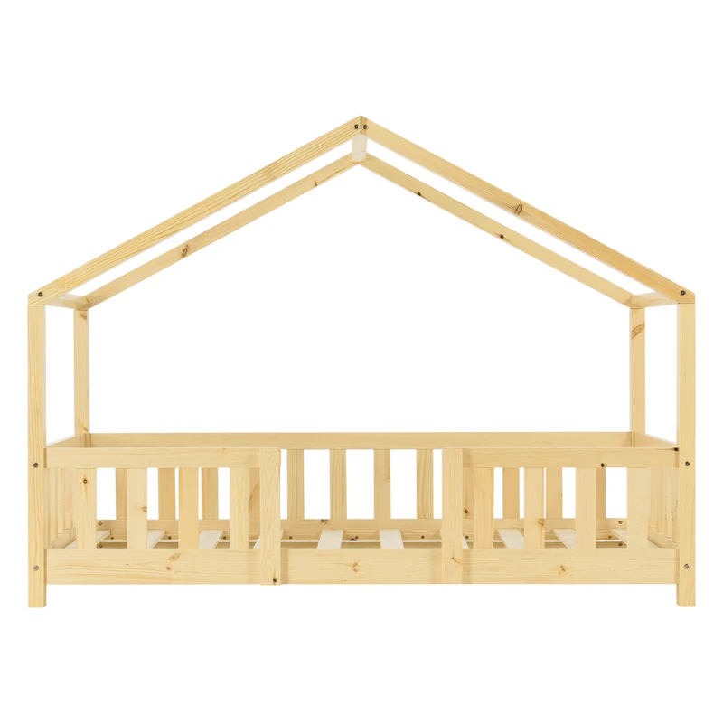 Lit pour enfant cabane maison avec matelas barrière et sommier en bois de pin naturel 70 x 140 cm 03_0005458