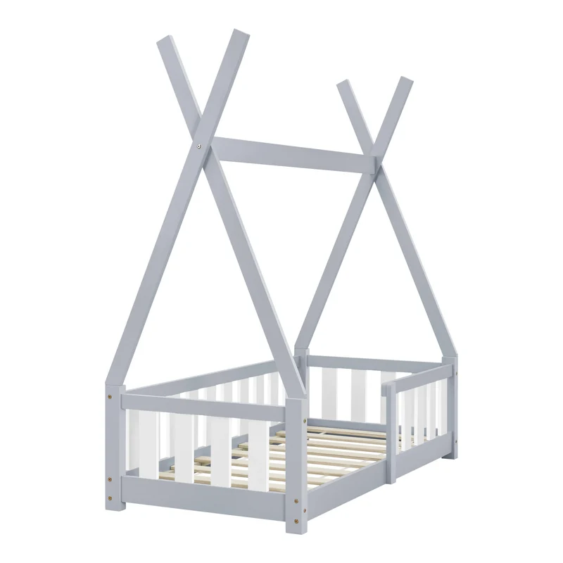 Lit tipi pour enfant avec barrière de sécurité matelas sommier à lattes en bois gris 70x140 cm 03_0005718