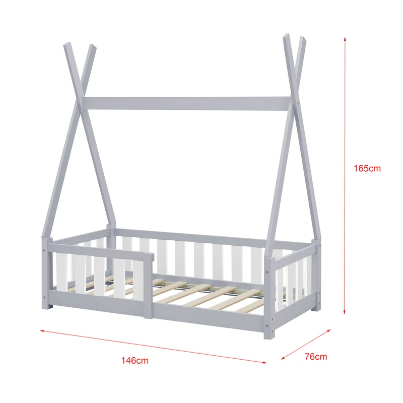 Lit tipi pour enfant avec barrière de sécurité matelas sommier à lattes en bois gris 70x140 cm 03_0005718