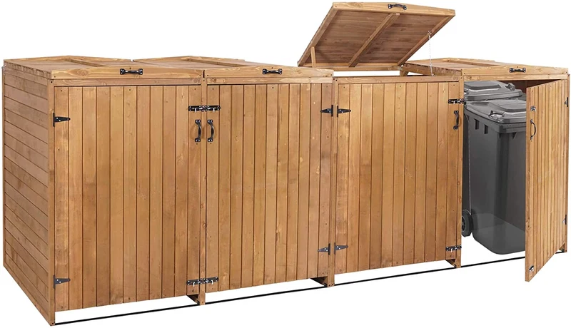 Abri de poubelles extérieur conteneurs à ordures jusqu'à 8 bacs avec couvercle 126x316x98 cm en bois certifié FSC marron 04_0002872