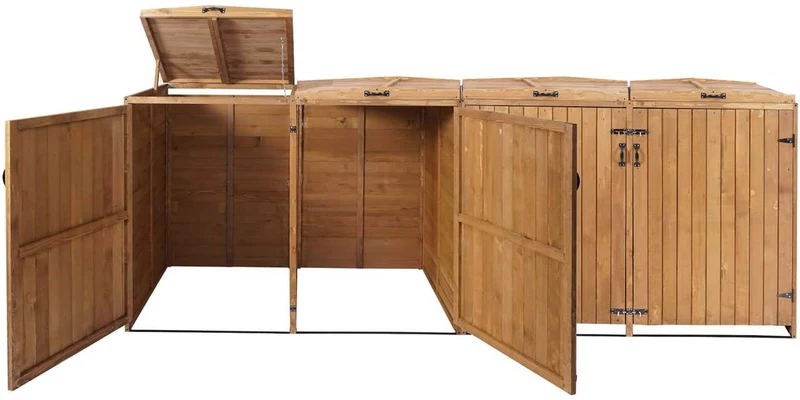 Abri de poubelles extérieur conteneurs à ordures jusqu'à 8 bacs avec couvercle 126x316x98 cm en bois certifié FSC marron 04_0002872