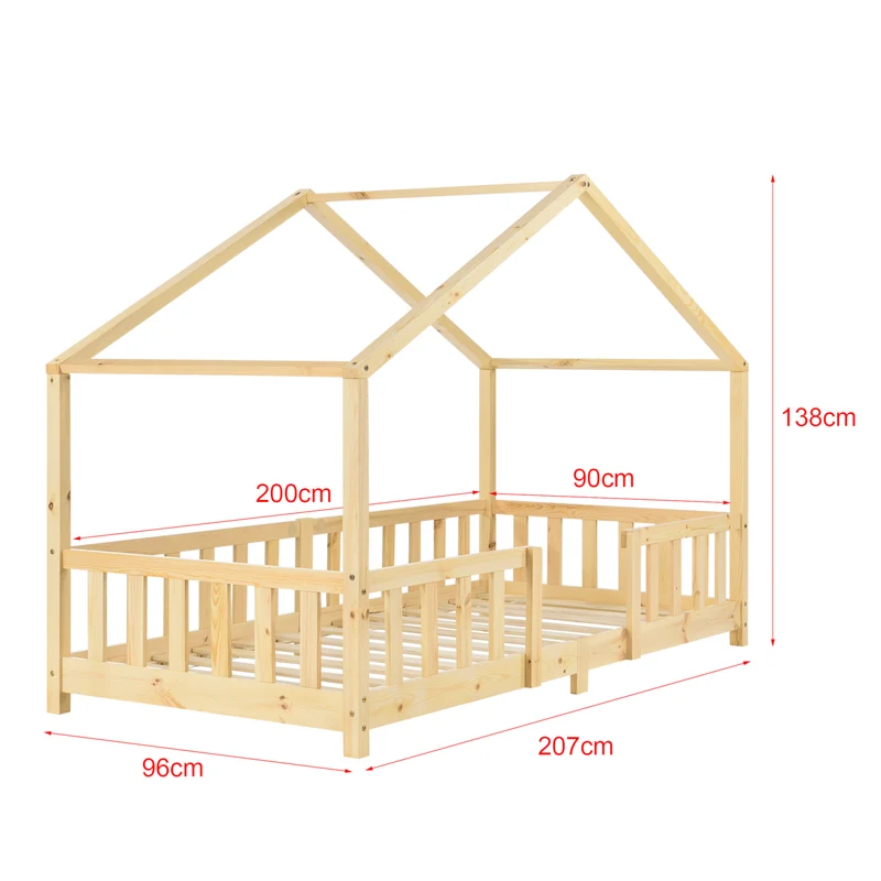 Lit pour enfant en forme maison avec barrière de protection construction solide bois de pin 200 x 90 cm 03_0005466