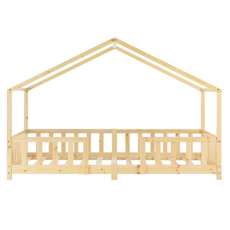 Lit pour enfant en forme maison avec barrière de protection construction solide bois de pin 200 x 90 cm 03_0005466