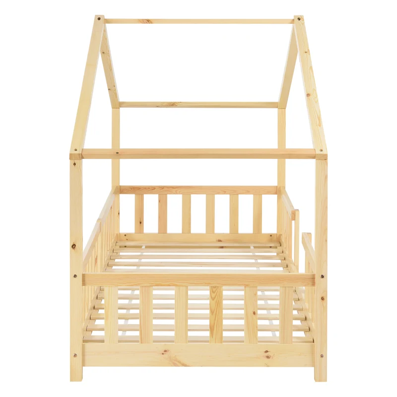Lit pour enfant en forme maison avec barrière de protection construction solide bois de pin 200 x 90 cm 03_0005466
