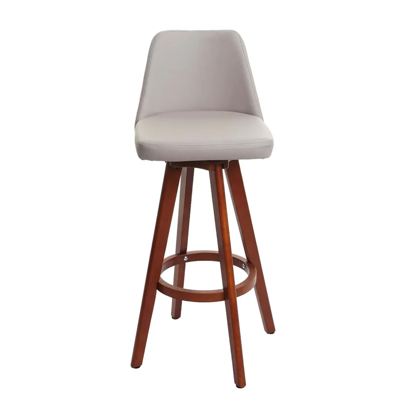 Tabouret de bar chaise de comptoir en synthétique taupe pivotant pieds en bois foncé 04_0005279