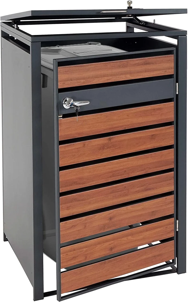 Abri de poubelle vérouillable en métal anthracite aspect bois de cerisier brun foncé MDJ04178