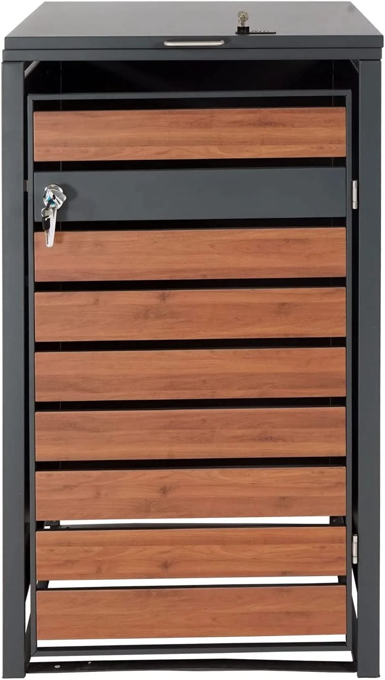 Abri de poubelle vérouillable en métal anthracite aspect bois de cerisier brun foncé MDJ04178