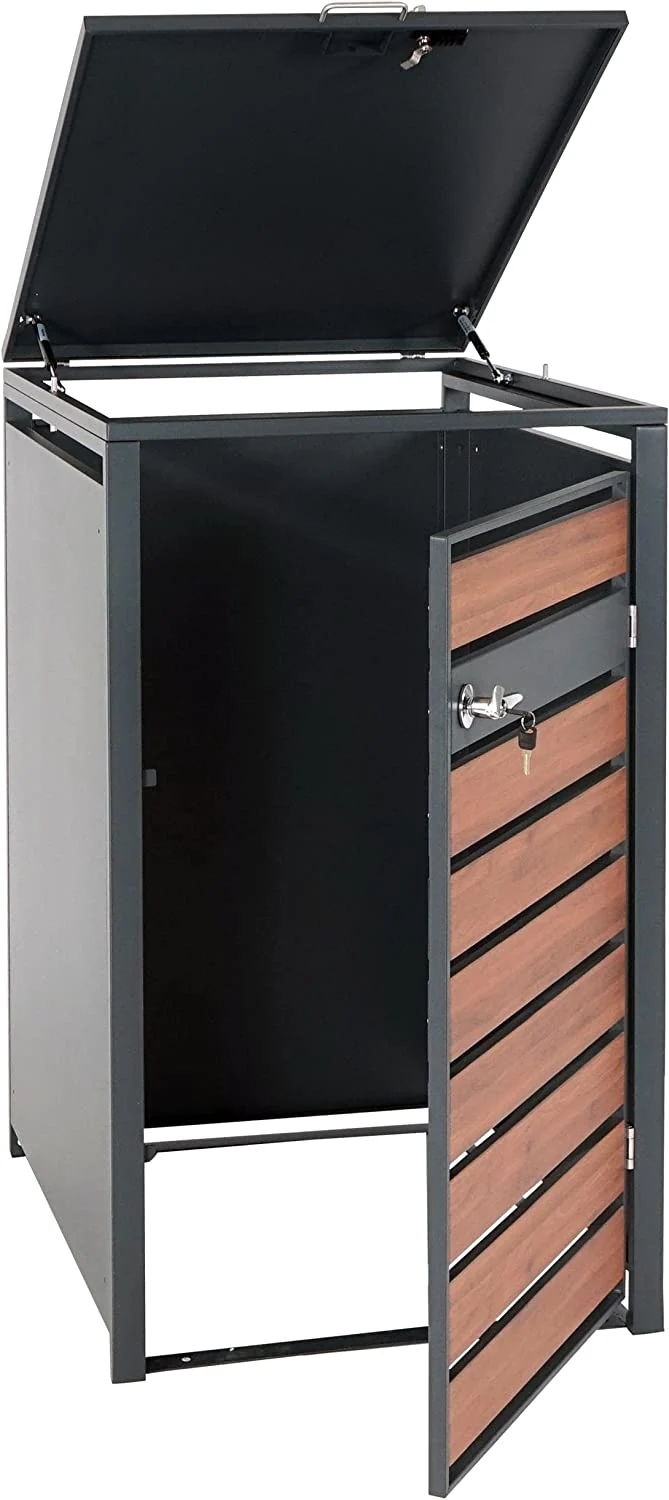 Abri de poubelle vérouillable en métal anthracite aspect bois de cerisier brun foncé MDJ04178