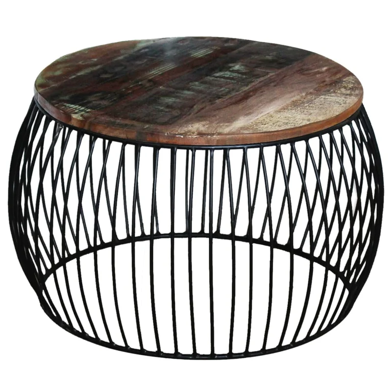Table basse design moderne et contemporaine ronde 68 x 37 cm bois de récupération massif marron et fer DEC039910