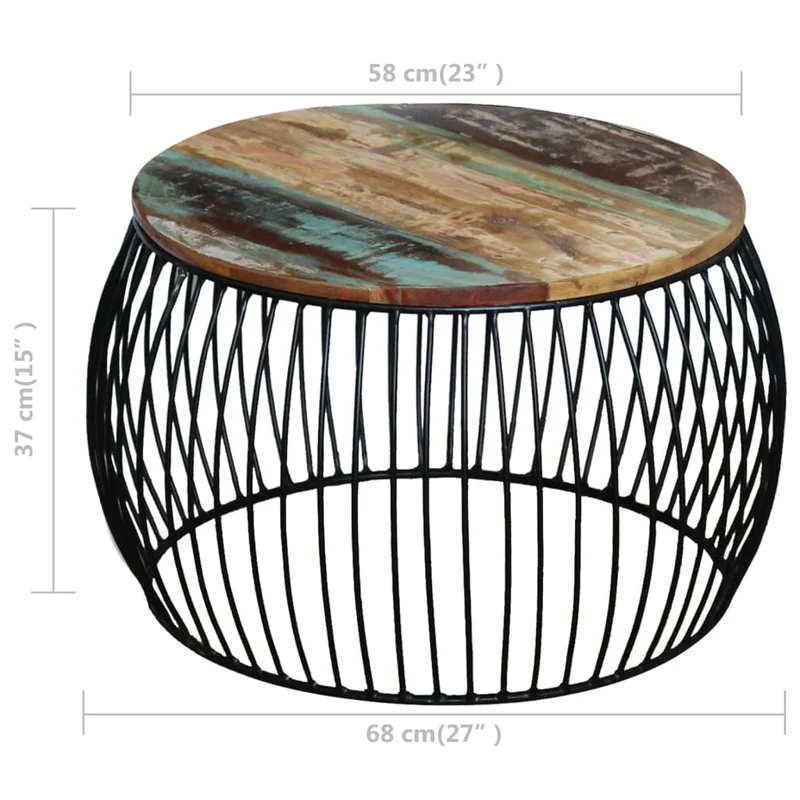 Table basse design moderne et contemporaine ronde 68 x 37 cm bois de récupération massif marron et fer DEC039910