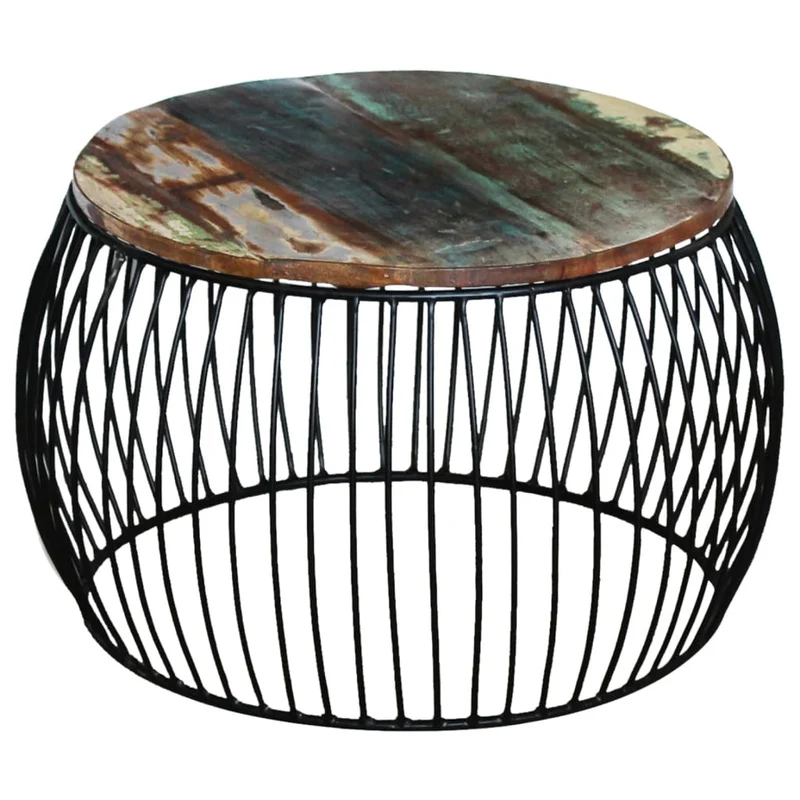 Table basse design moderne et contemporaine ronde 68 x 37 cm bois de récupération massif marron et fer DEC039910