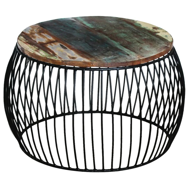 Table basse design moderne et contemporaine ronde 68 x 37 cm bois de récupération massif marron et fer DEC039910