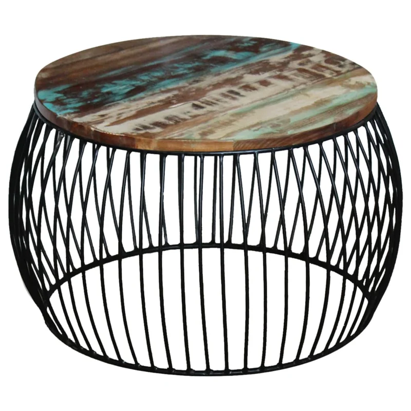 Table basse design moderne et contemporaine ronde 68 x 37 cm bois de récupération massif marron et fer DEC039910