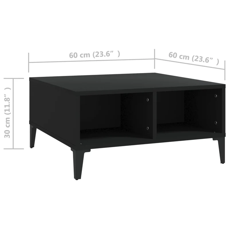 Table basse design moderne et minimaliste avec 4 compartiments 60 x 60 x 30 cm bois d'ingénierie noir et métal DEC039717