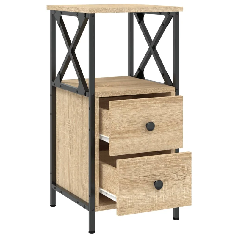 Table de chevet avec deux tiroirs et étagère 34 x 35,5 x 70 cm bois d'ingénierie couleur chêne et fer DEC033805