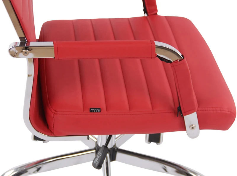 Fauteuil de bureau sur roulettes confortable hauteur réglable en synthétique rouge cadre métal chromé BUR10574