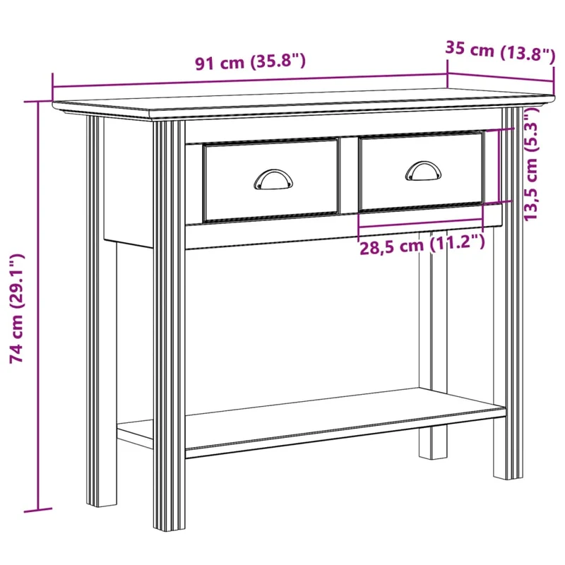Table console d'entrée fonctionnel et stylé avec tiroirs 91 x 35 x 74 cm bois de pin massif DEC031731