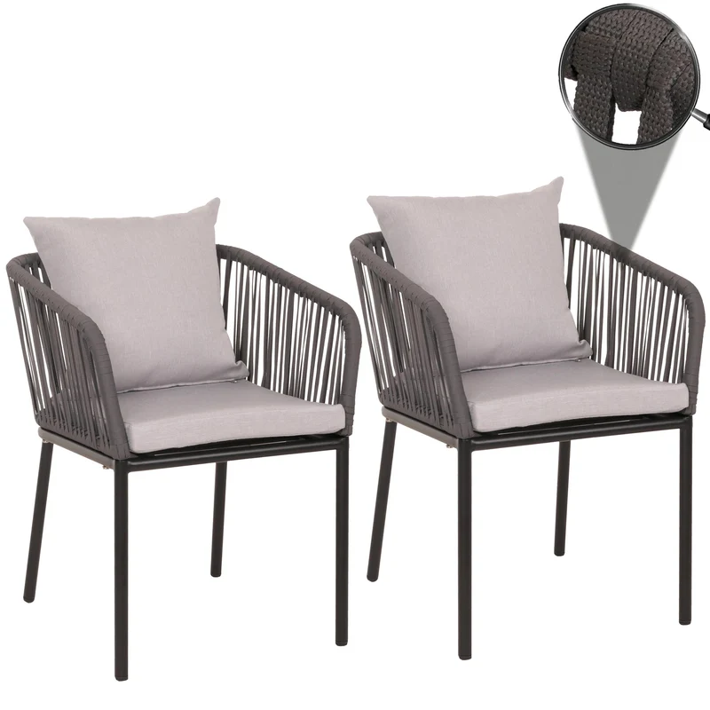 Lot de 2 chaises de jardin avec accoudoir cadre en aluminium anthracite corde en maille coussin gris clair 04_0007307