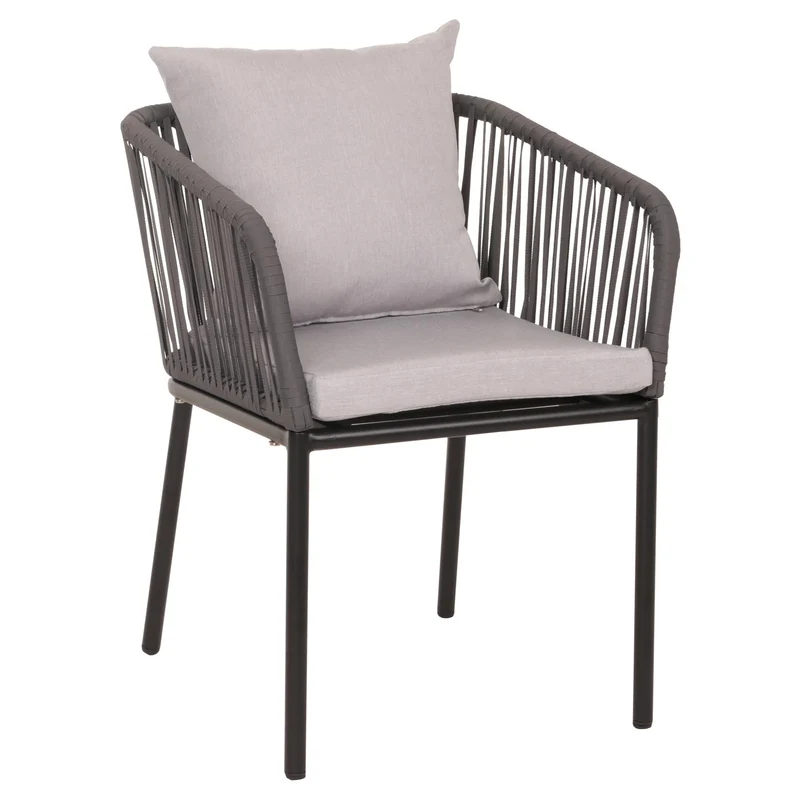 Lot de 2 chaises de jardin avec accoudoir cadre en aluminium anthracite corde en maille coussin gris clair 04_0007307