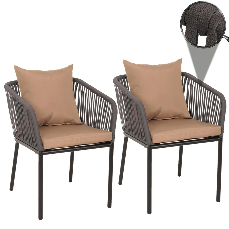 Lot de 2 chaises de jardin accoudoir corde en aluminium corde en maille anthracite coussin taupe 04_0007306
