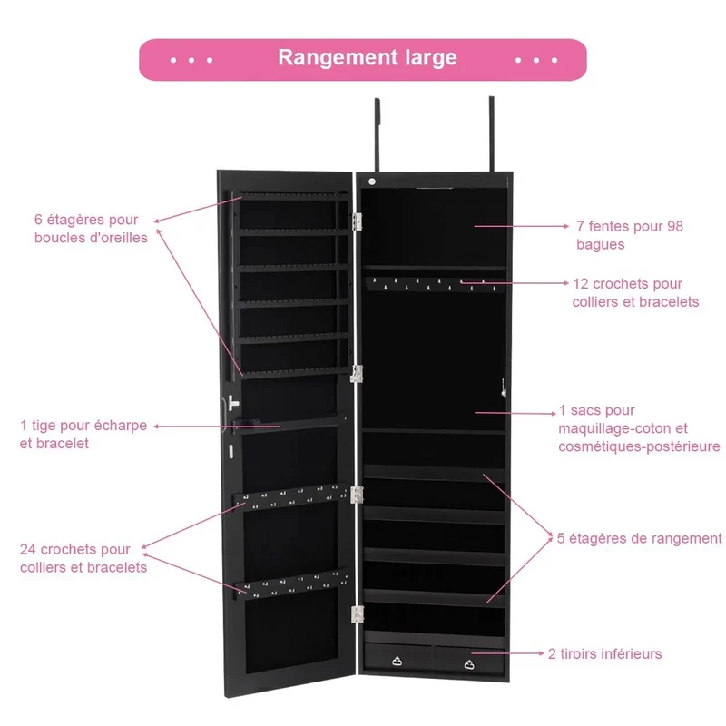 Armoire bijoux de rangement avec miroir et lumière led 120 x 36 x 10 cm noir 20_0000115