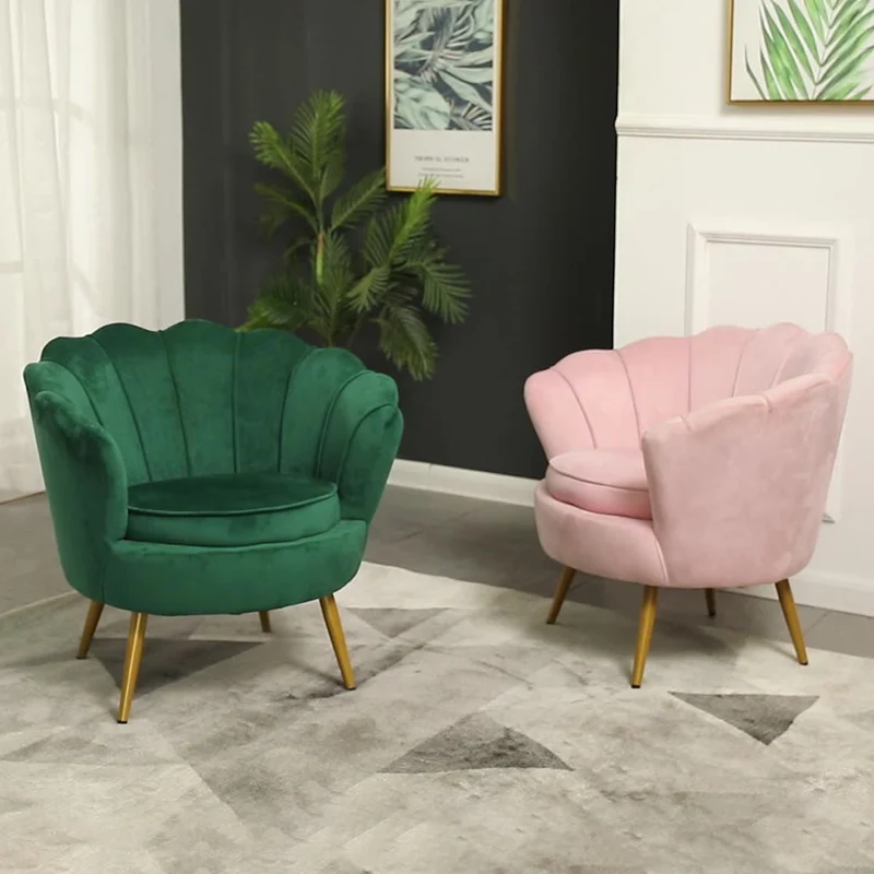 Contemporary Scandinavian Velvet Wood Metal Sponge Petal Round Accent Chair Backrest Armrest For Living Room