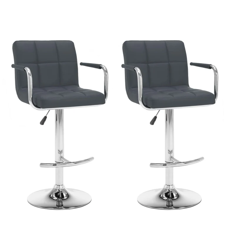 Lot de 2 tabourets de bar chaises hautes avec accoudoirs et dossier en PVC gris et acier DEC029735
