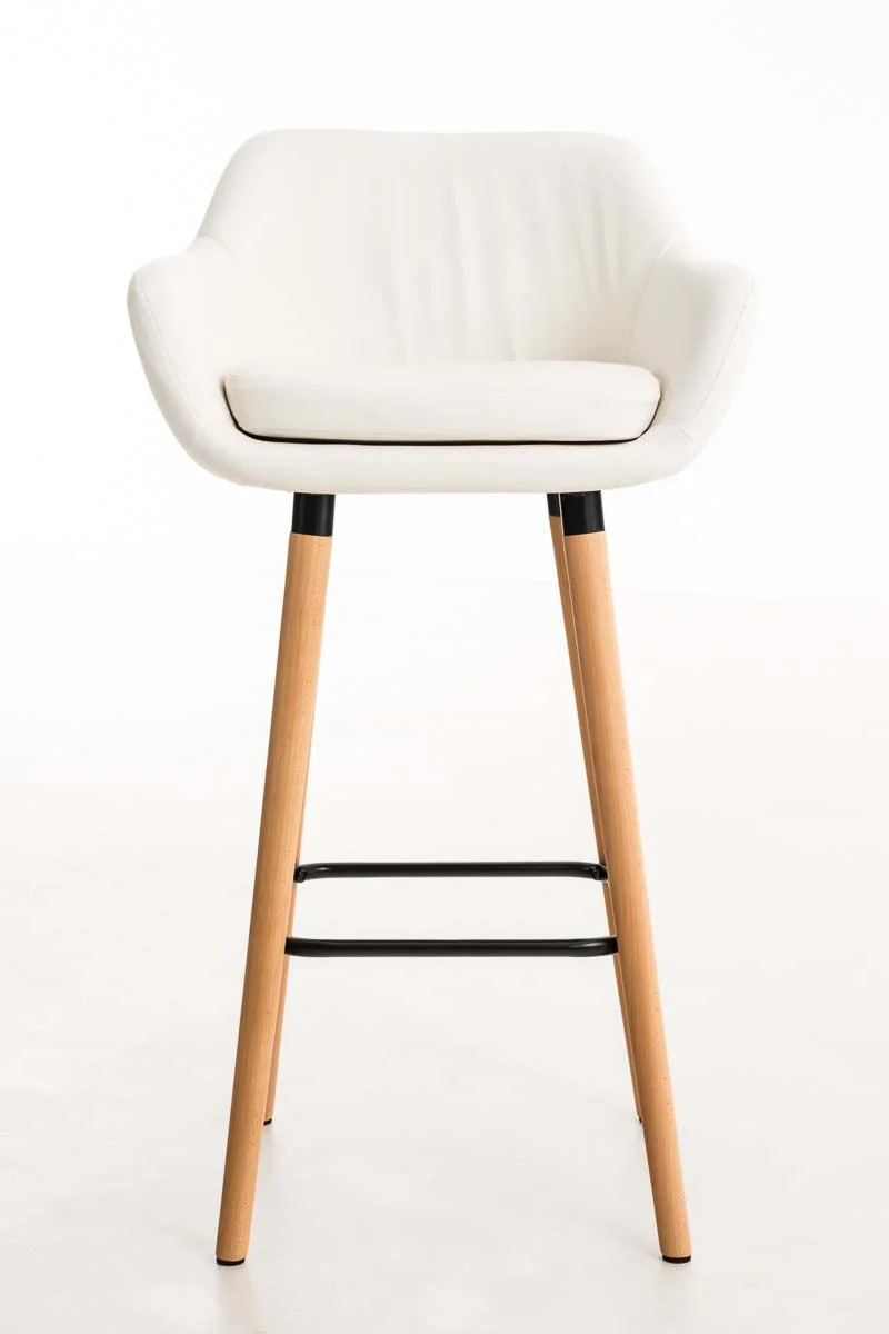 Tabouret de bar lounge x1 design scandinave assise en PVC blanc pieds en bois repose-pieds en métal 10_0004909