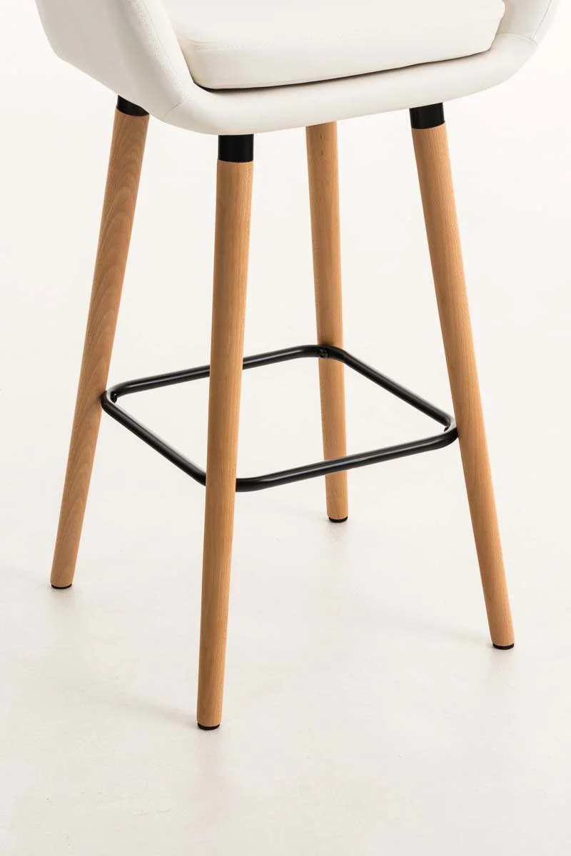 Tabouret de bar lounge x1 design scandinave assise en PVC blanc pieds en bois repose-pieds en métal 10_0004909