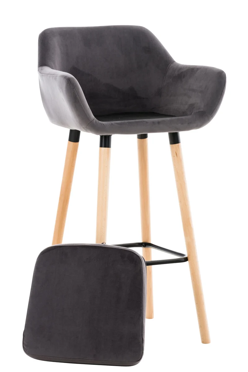 Tabouret de bar lounge x1 design scandinave assise en velours gris pieds en bois repose-pieds en métal 10_0004912