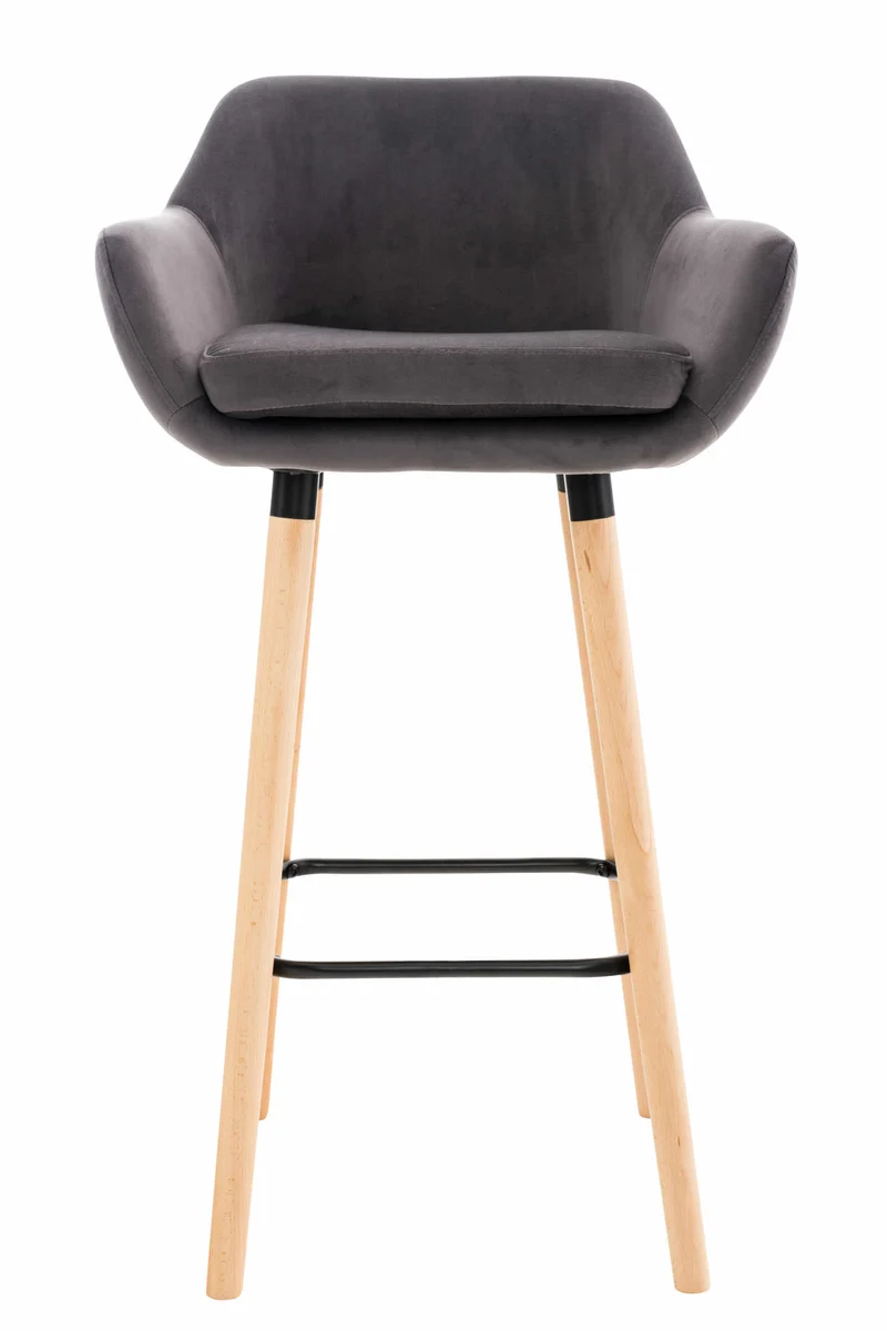 Tabouret de bar lounge x1 design scandinave assise en velours gris pieds en bois repose-pieds en métal 10_0004912