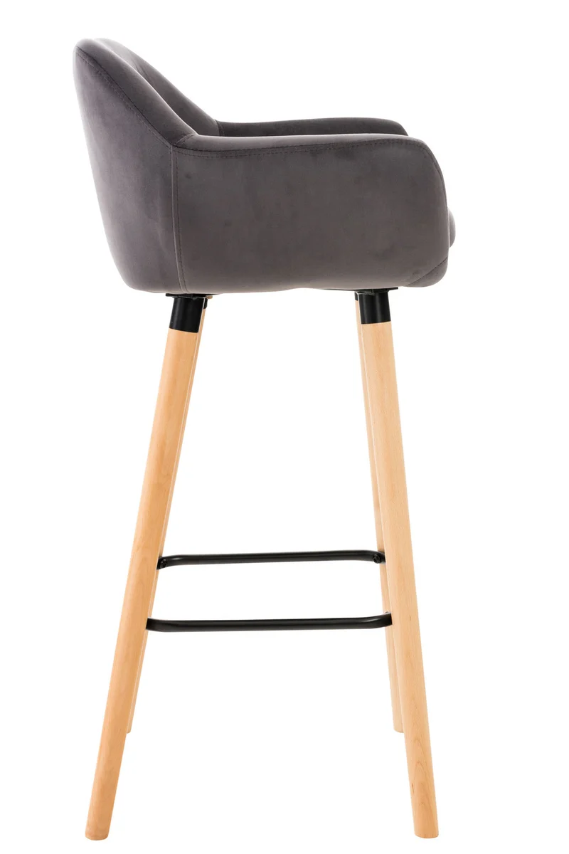 Tabouret de bar lounge x1 design scandinave assise en velours gris pieds en bois repose-pieds en métal 10_0004912