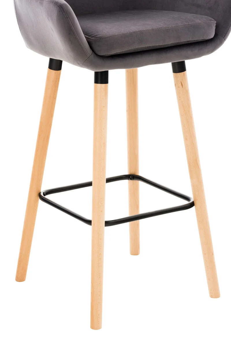 Tabouret de bar lounge x1 design scandinave assise en velours gris pieds en bois repose-pieds en métal 10_0004912