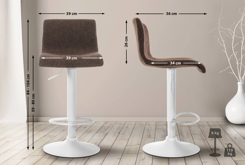 Tabouret de bar x1 avec repose-pieds pivotant dossier incurvé en tissu marron et métal blanc 10_0004977