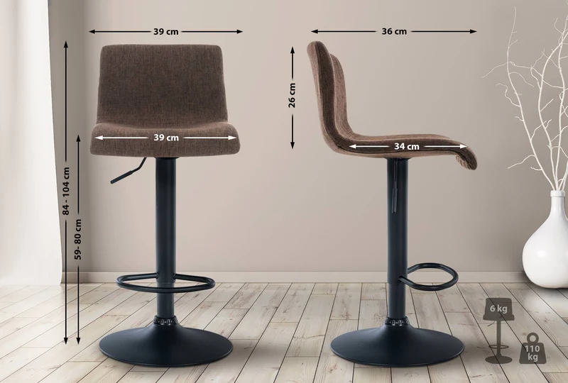Tabouret de bar avec repose-pieds pivotant dossier incurvé en tissu marron et métal noir 10_0004959