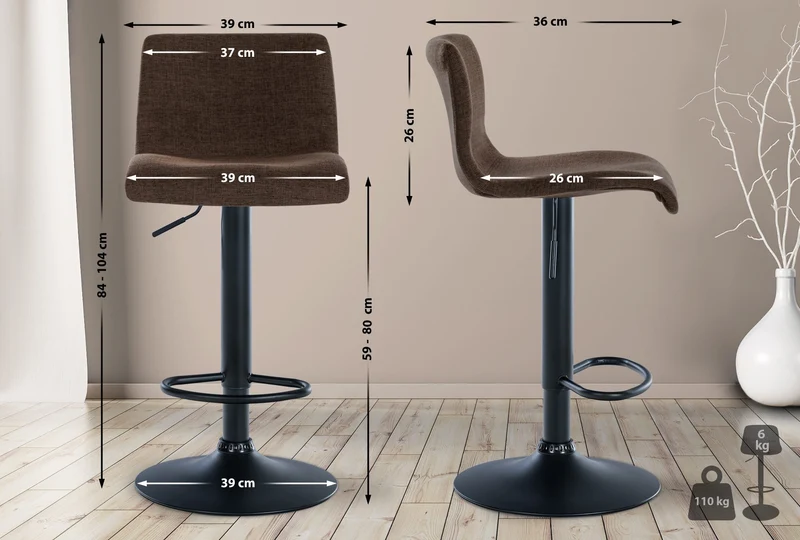 Tabouret de bar x1 design simple avec repose-pieds en tissu marron pieds en métal noir 10_0004554